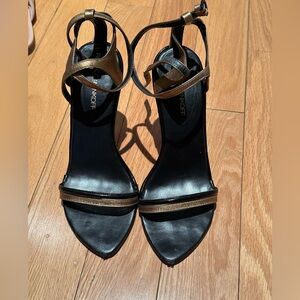 Rebecca Minkoff Black and Gold Strappy Heels